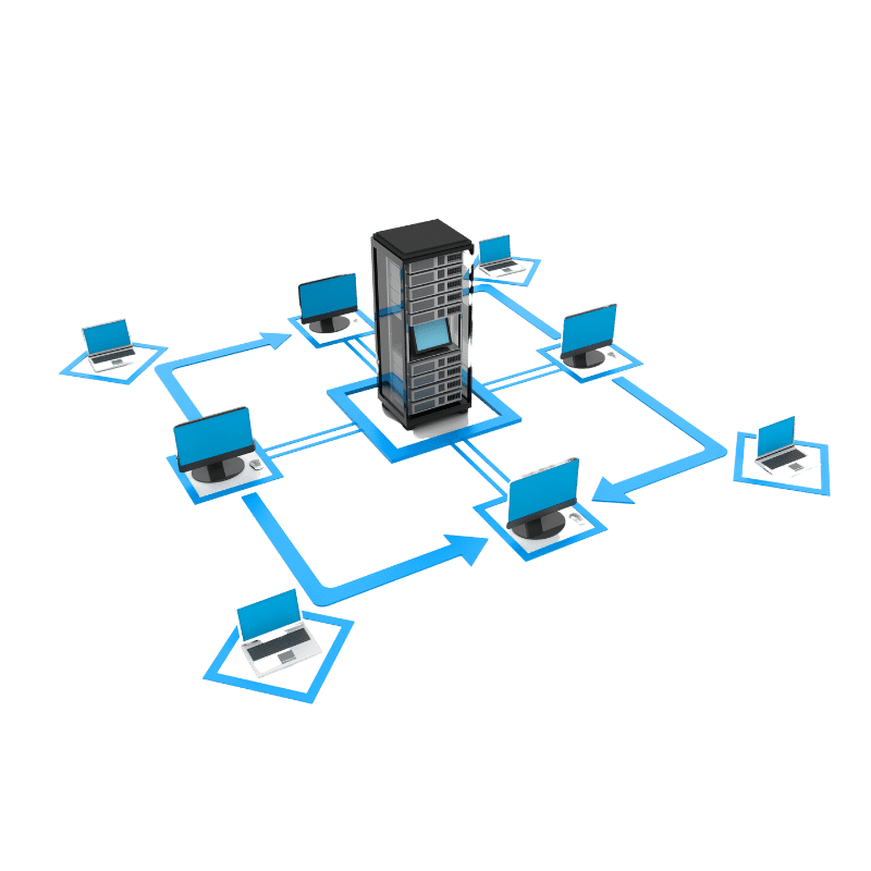 Illustration of laptops and monitors in a square with arrows connecting them with a server in the middle