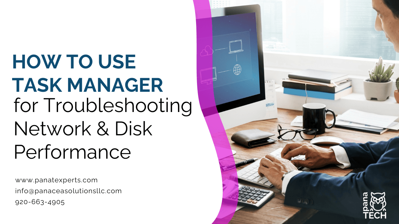 Windows Task Manager showing disk and network performance monitoring for troubleshooting system issues
