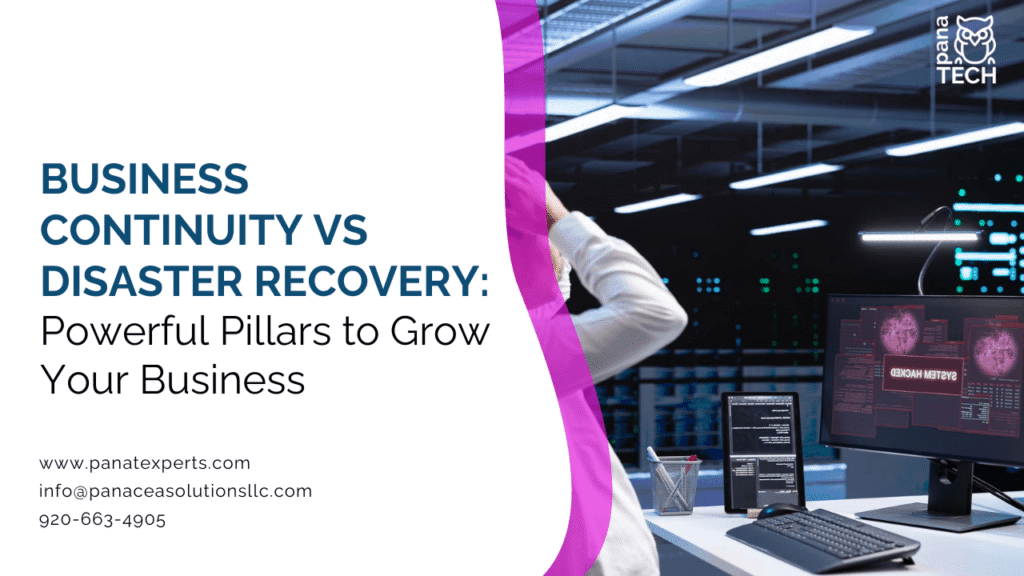 Business continuity vs disaster recovery framework showing business operations, data backup, cybersecurity, and recovery planning
