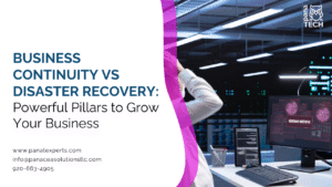 Business continuity vs disaster recovery framework showing business operations, data backup, cybersecurity, and recovery planning