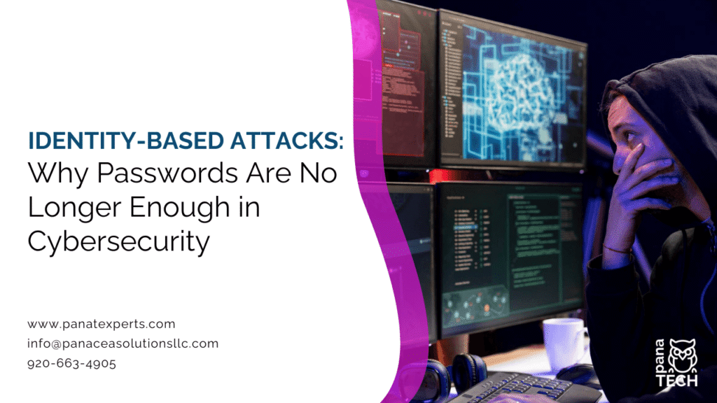 Cybersecurity illustration showing identity-based attacks, credential theft, phishing, passwordless authentication, and Zero Trust security framework
