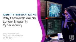 Cybersecurity illustration showing identity-based attacks, credential theft, phishing, passwordless authentication, and Zero Trust security framework