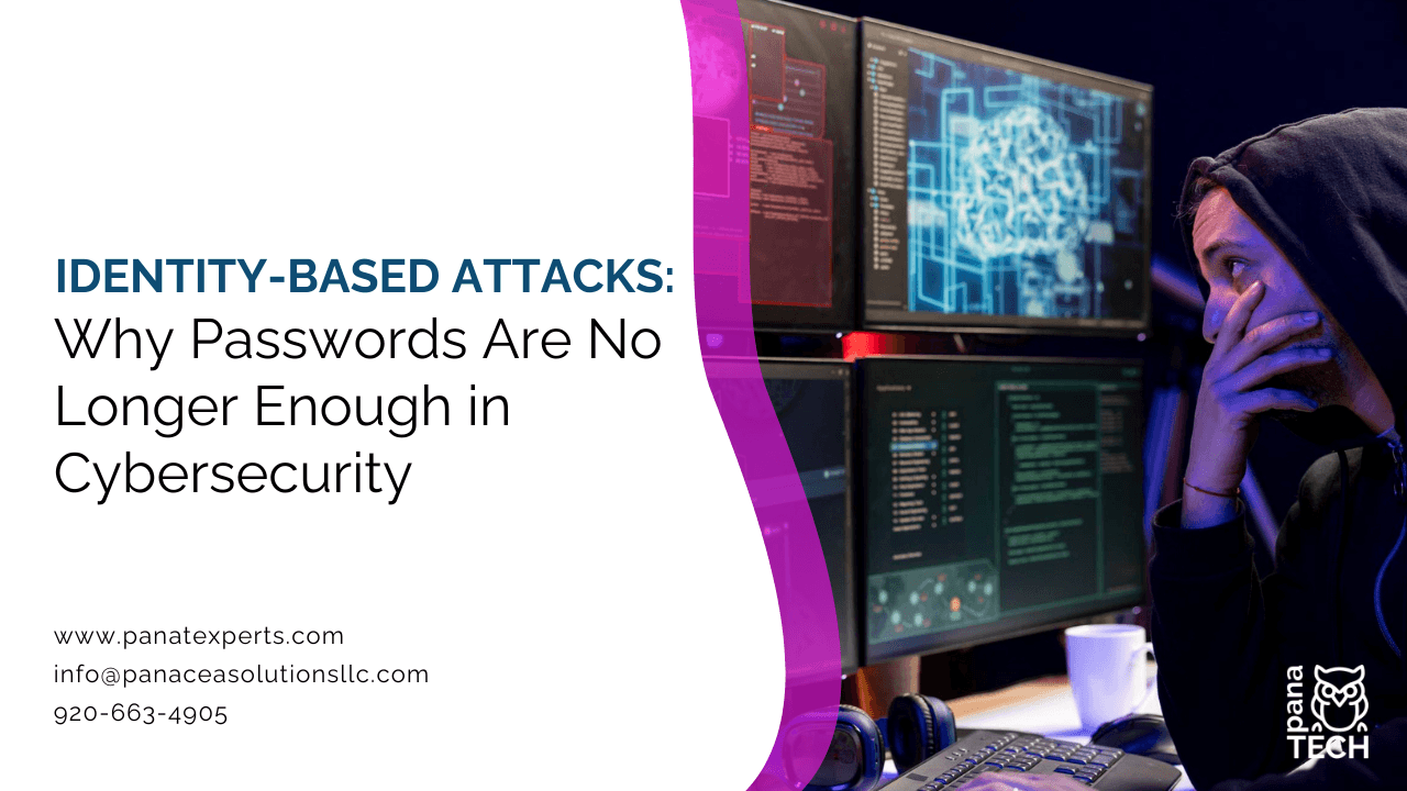 Cybersecurity illustration showing identity-based attacks, credential theft, phishing, passwordless authentication, and Zero Trust security framework
