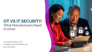Professionals reviewing OT and IT security strategies for manufacturing cybersecurity and industrial network protection