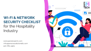 Shield and Wi-Fi padlock illustration for a hotel network security checklist