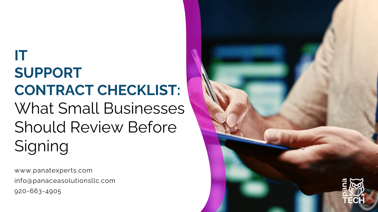 Small business owner reviewing an IT support contract checklist with an IT consultant